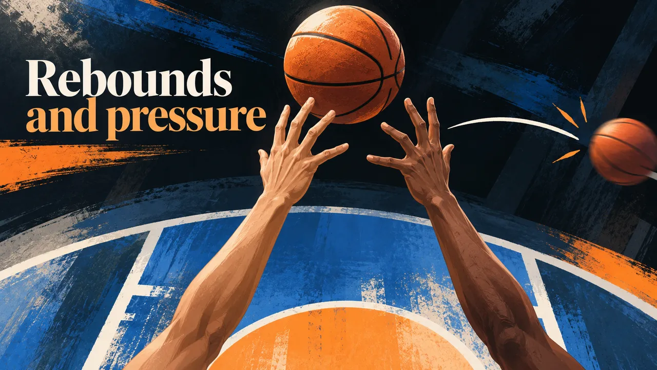 Two hands reach for a basketball above a painted lane and rebound arrow beside the visible words Rebounds and pressure; no player likeness or team mark.