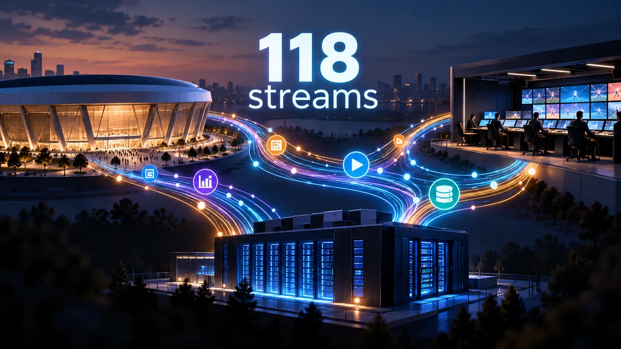 Conceptual network illustration linking an arena, production control room and data center with fiber-like paths, beneath the visible headline “118 streams.”