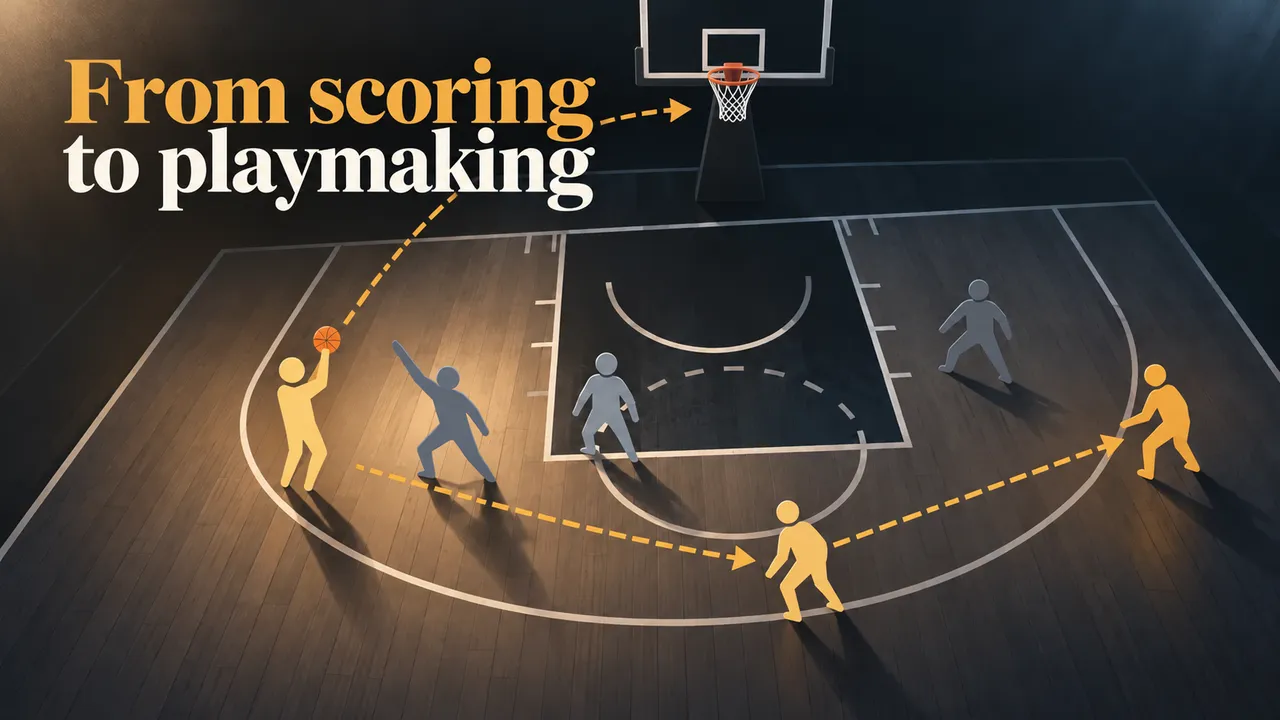 Abstract half-court diagram with anonymous yellow and gray figures, a shooting arc and a dotted passing route, beneath the visible headline “From scoring to playmaking”. No team marks or score.