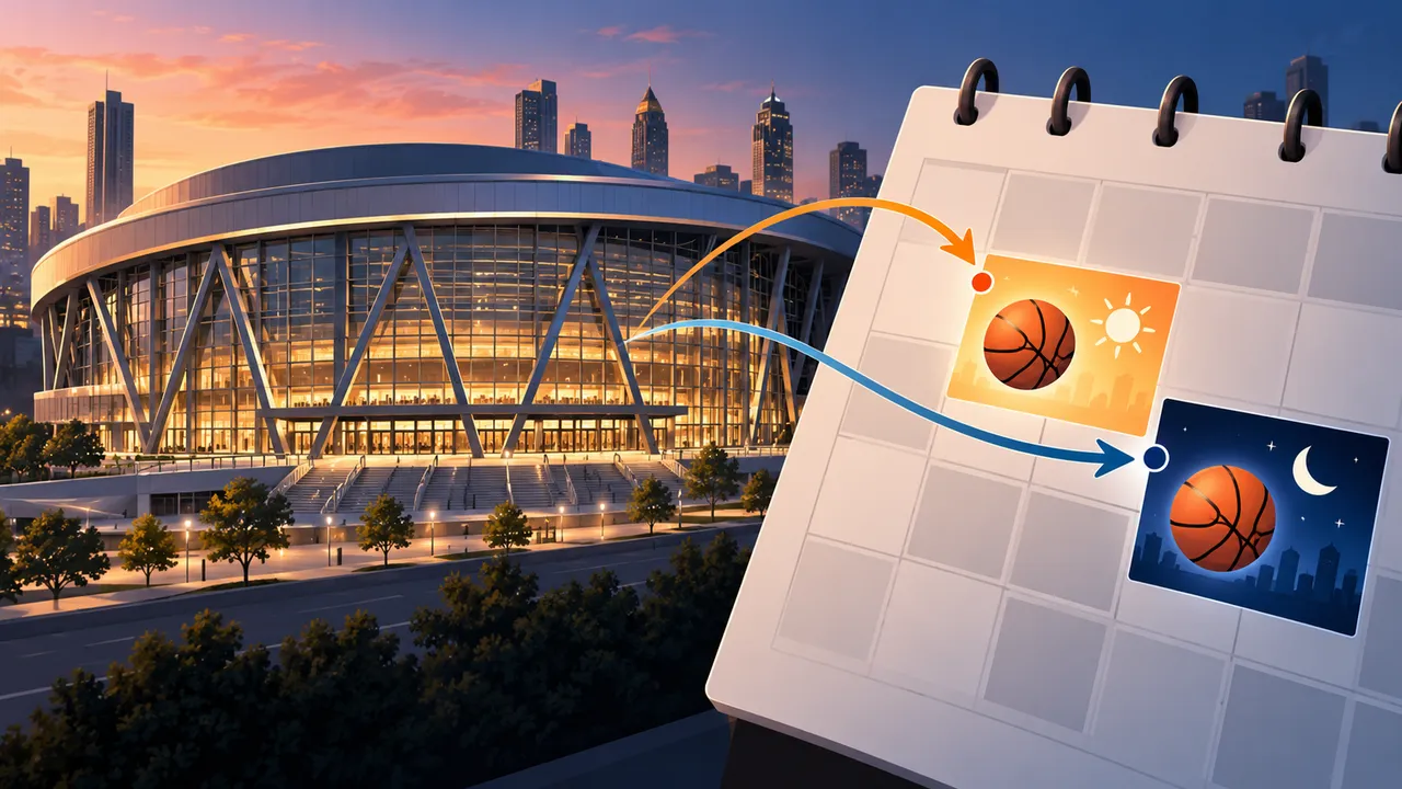 An editorial illustration of a basketball arena roofline with two event markers on a calendar, without team logos or ticket details.