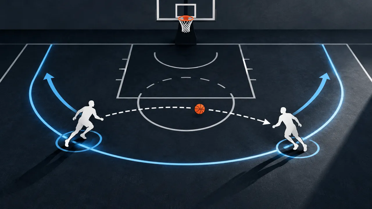 Conceptual half-court diagram with two generic player silhouettes linked by a dashed ball path and separate blue three-point arcs; no team marks, identifiable players or score.