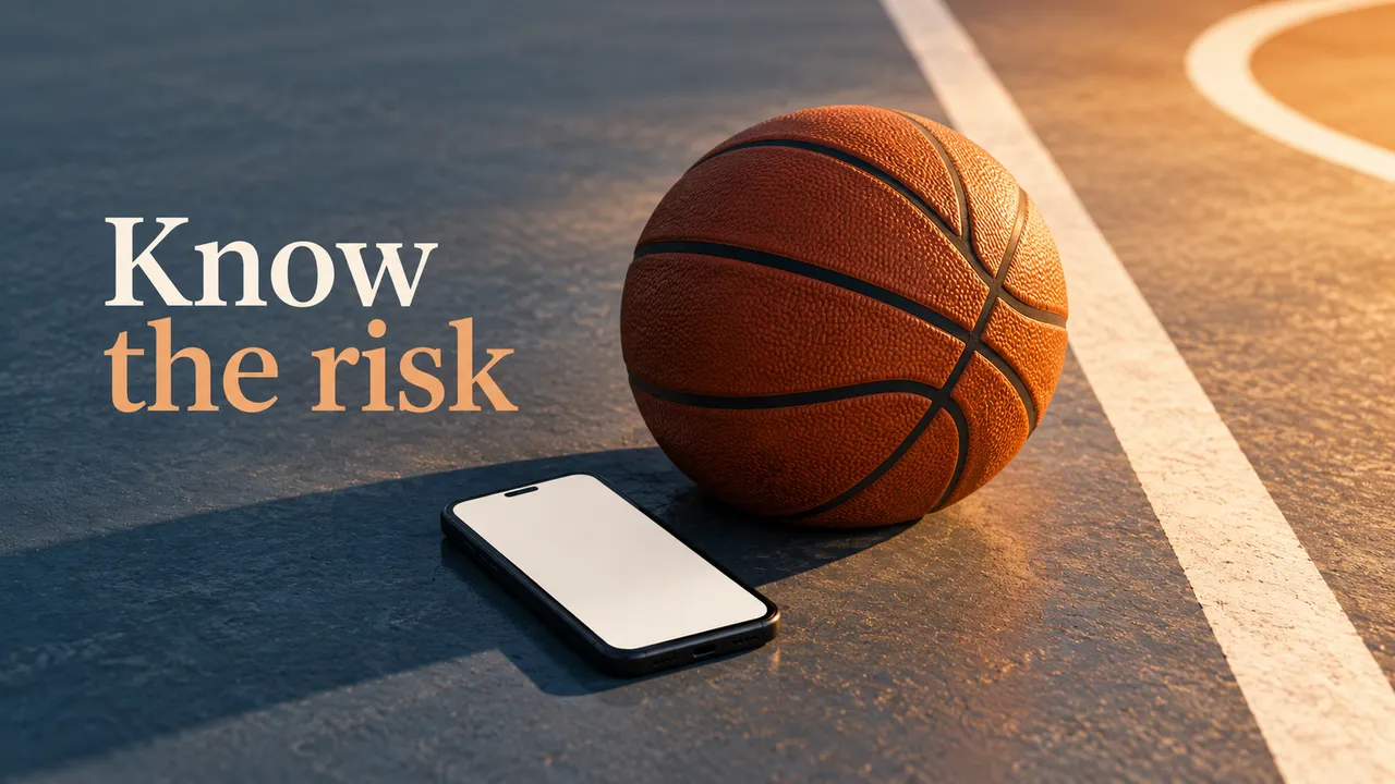 Conceptual basketball beside a blank-screen phone at a court boundary line, with the visible headline “Know the risk”; no betting or app details.