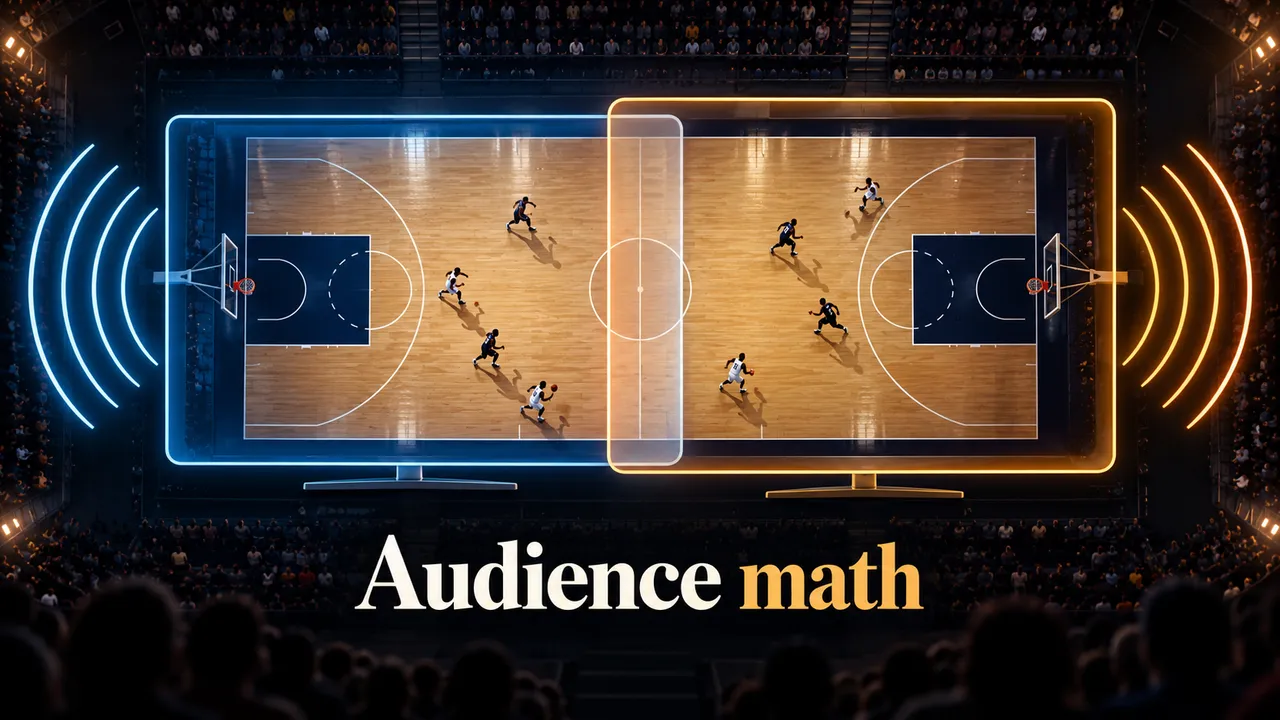 An editorial cover with the headline ‘Audience math’ below a top-down basketball court, two outlined television frames and separate blue and orange viewing waves; no team marks or audience numbers are shown.