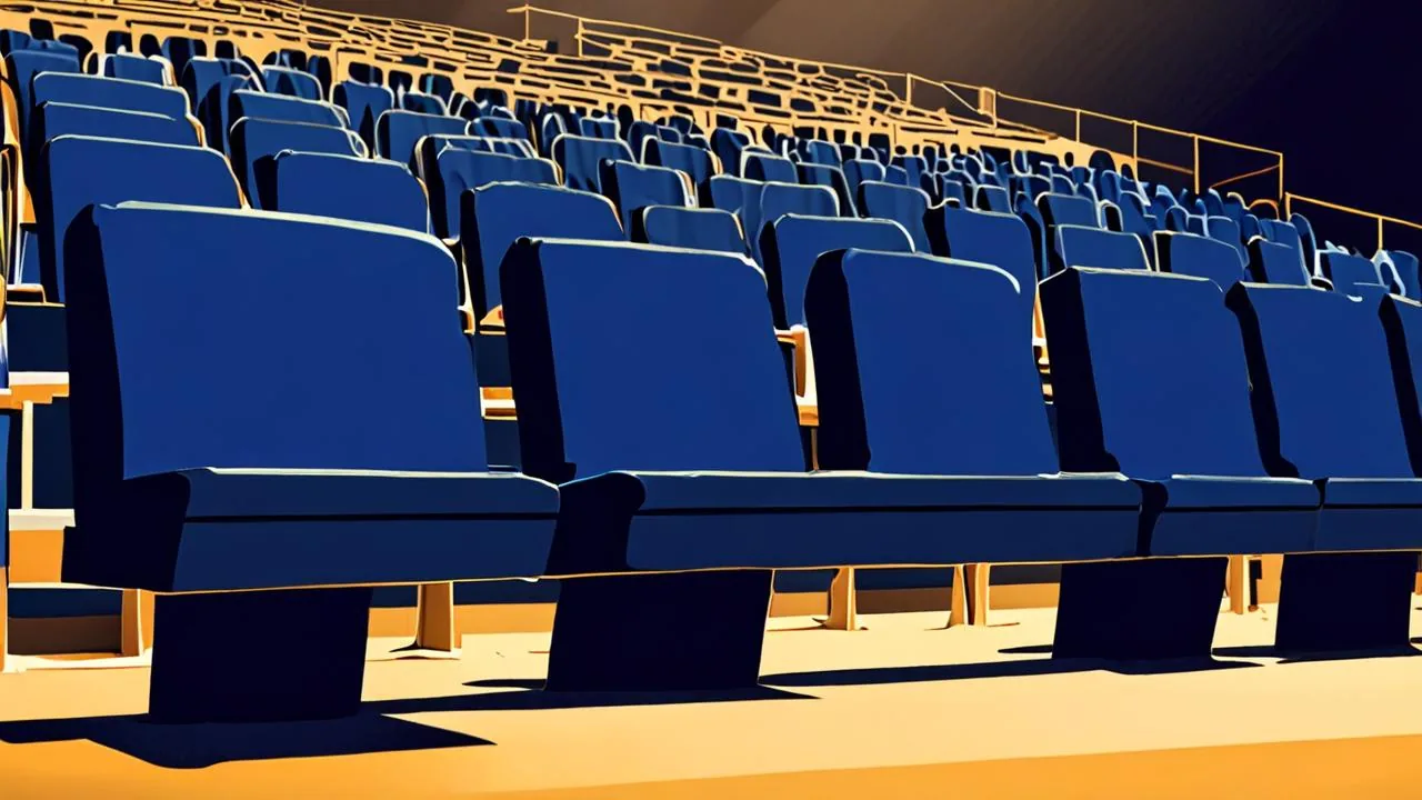 An editorial illustration of rows of empty deep-blue stadium seats seen from a low angle under warm gold light, with soft shadows across the floor. No people, text or logos.