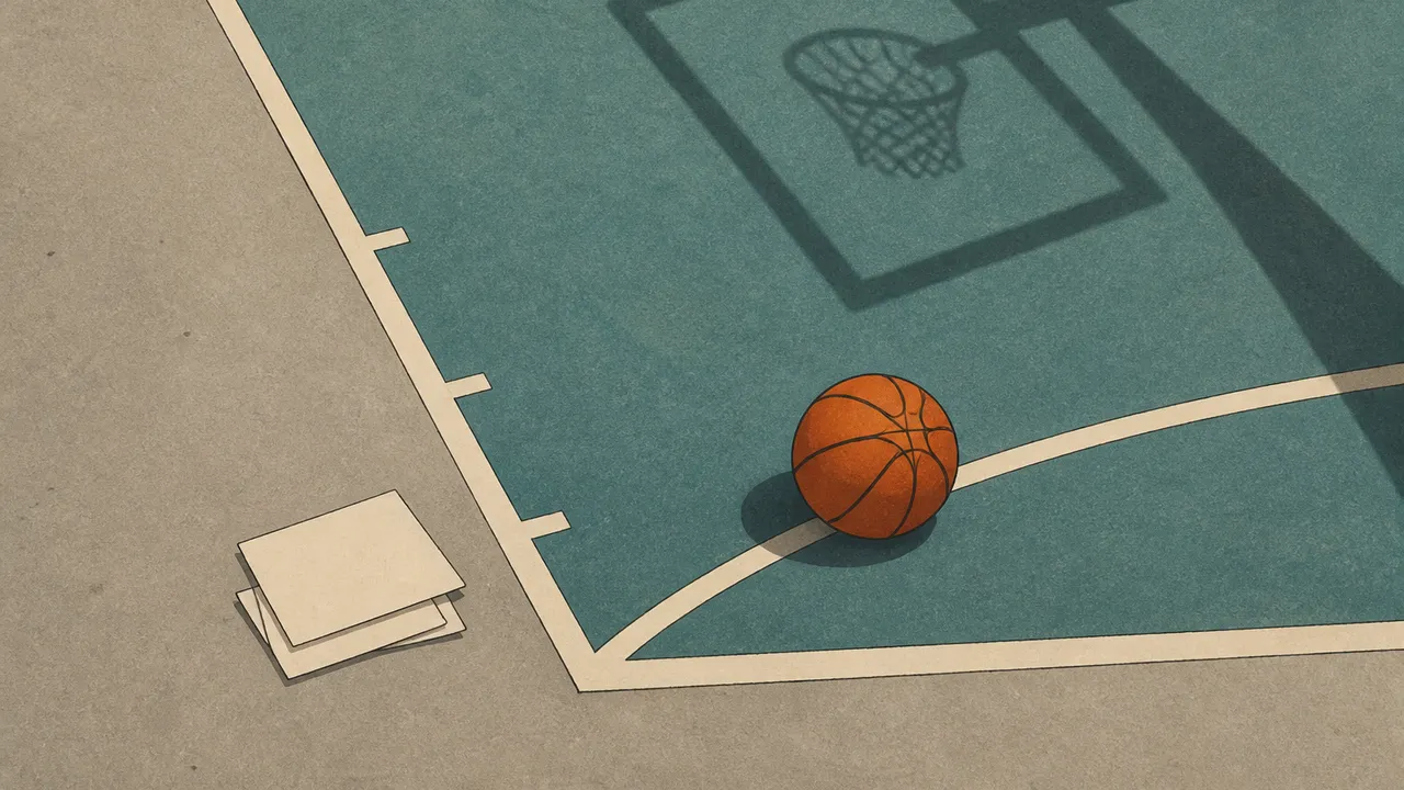 A flat drawn basketball court corner with three small stacked paper cards and a ball on the lane line in warm grey and teal tones, no lettering or logos.