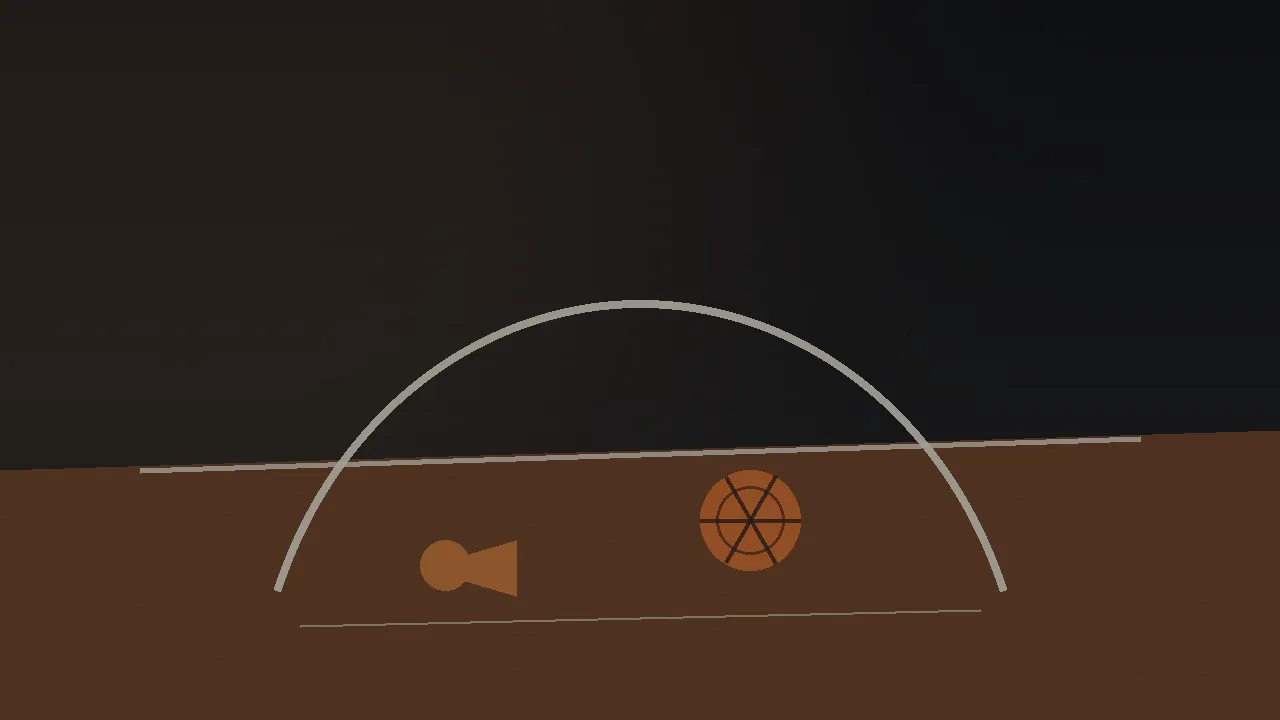 An editorial illustration of a dark hardwood basketball court at night: a white painted foul arc, one orange basketball alone beside it, and a simple brass referee whistle silhouette on the floor next to a thin chalk line. No people, text or logos.