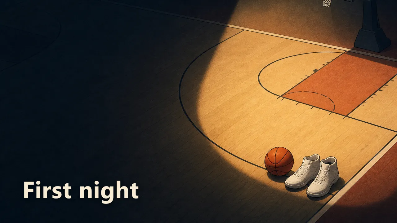 A dark, empty basketball court seen from above, cut by a hard diagonal beam of light, with the free-throw circle half in shadow; a pair of sneakers and a ball rest at the edge of the lit area. The words "First night" are set in a clean serif overlay at the lower left.