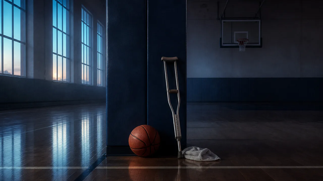 An empty basketball practice gym at dawn with a ball on the baseline, a folded towel and a single crutch leaning against the padded wall.
