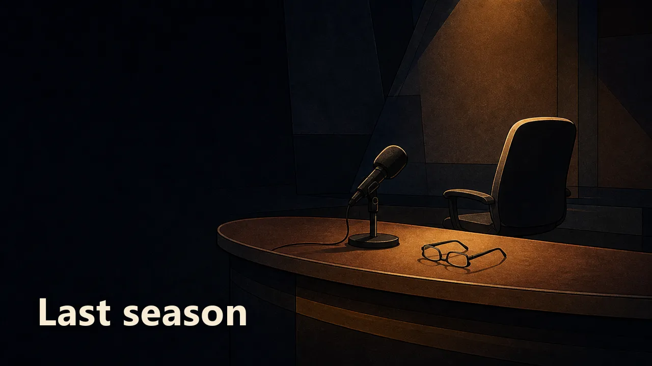 An empty broadcast studio desk at night: a microphone on a stand, a pair of reading glasses and a chair, lit by one warm overhead lamp, with the faint outline of a basketball backboard in the dark background. The words "Last season" are set in a clean serif overlay at the lower left.