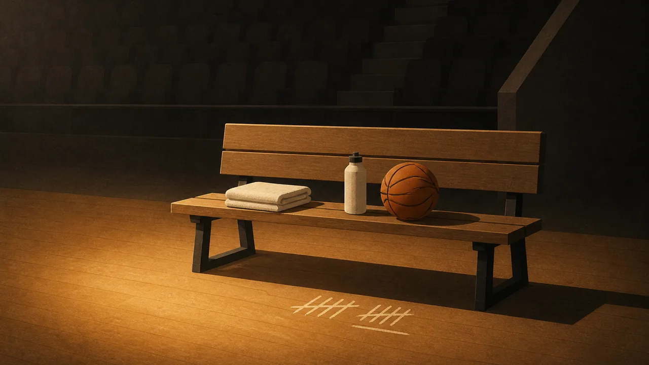 An editorial illustration of a single empty wooden bench in a dark arena: a folded towel, a white water bottle and a basketball sit on the seat, warm amber light falls on the floor, and pale chalk tally marks are drawn beneath the bench. No people, text or logos.