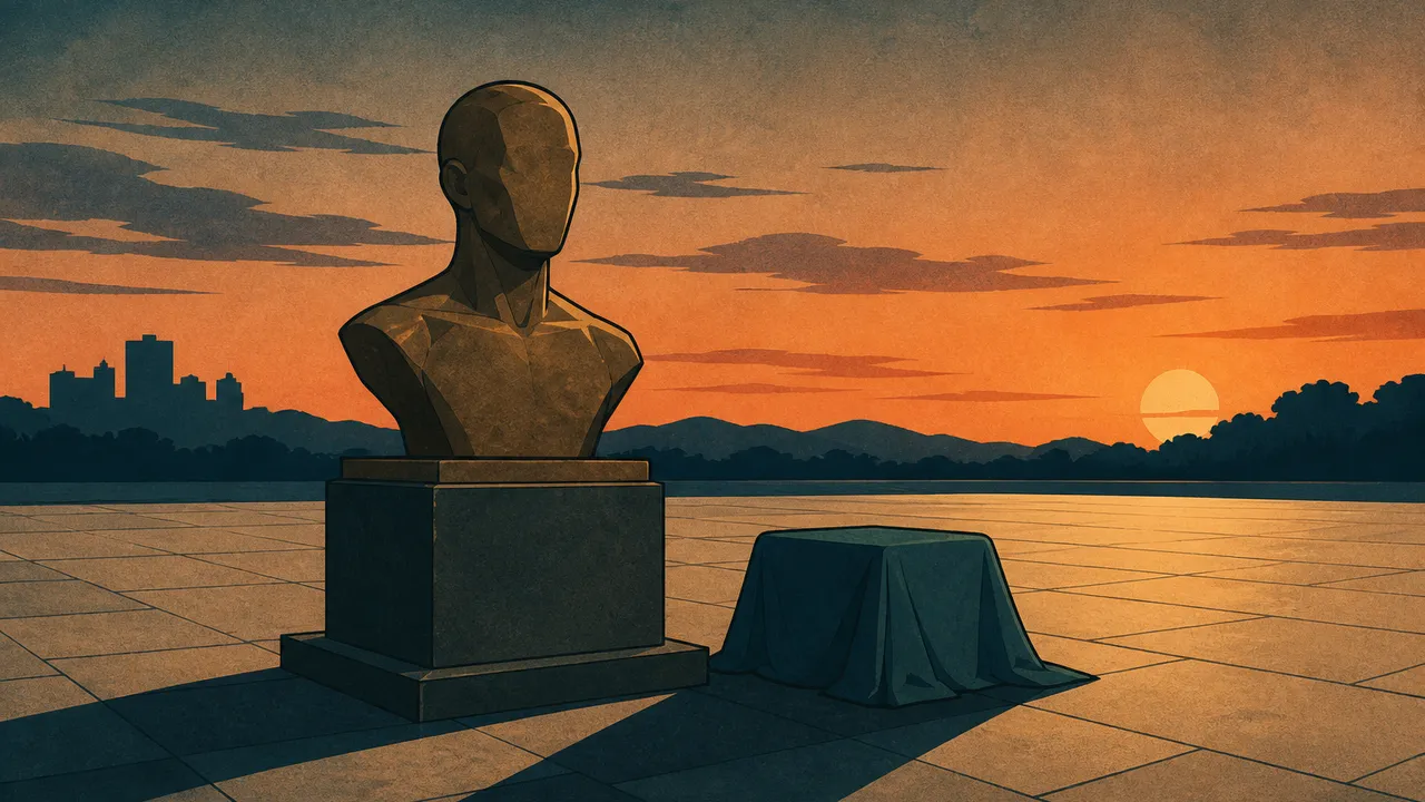 A flat drawn bronze bust on a simple pedestal in an empty plaza at dusk, with a small covered shape beside it and no lettering or logos.