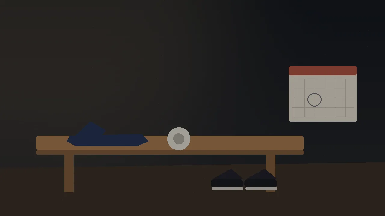 An editorial illustration of an empty basketball bench at dusk: a navy jersey folded on a wooden bench beside a roll of white athletic tape, two black sneakers on the floor and a wall calendar with one blank square circled in pencil. No people, text or logos.