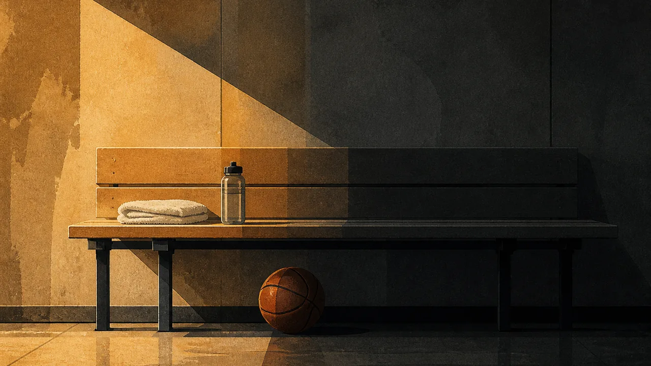 An editorial illustration of an empty basketball bench in half-light: a folded towel and a water bottle sit on the wooden seat, one half of the bench is lit in warm amber while the other falls into deep shadow, and a basketball rests on the floor beneath. No people, text or logos.