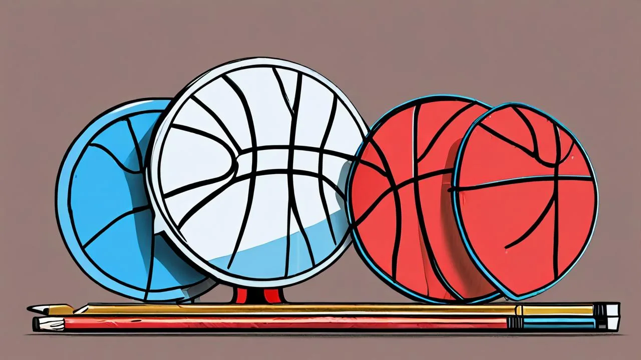 An editorial illustration of four round emblem-like discs in blue, white and red with basketball seams, standing in a row above two pencils on a flat taupe background. No lettering, logos or faces.