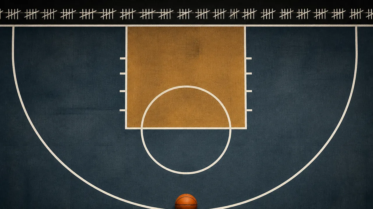 A top-down illustration of an empty basketball half-court: the free-throw circle and lane lines in dark ink, one ball resting on the three-point arc near the bottom edge, and a dense row of pale chalk tally marks along the top edge; no teams, players or scoreboard.