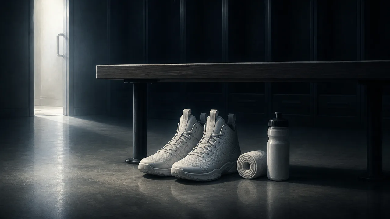 An empty NBA locker room bench with a pair of unworn basketball shoes, a rolled ankle wrap and a water bottle beneath it, lockers fading into darkness.