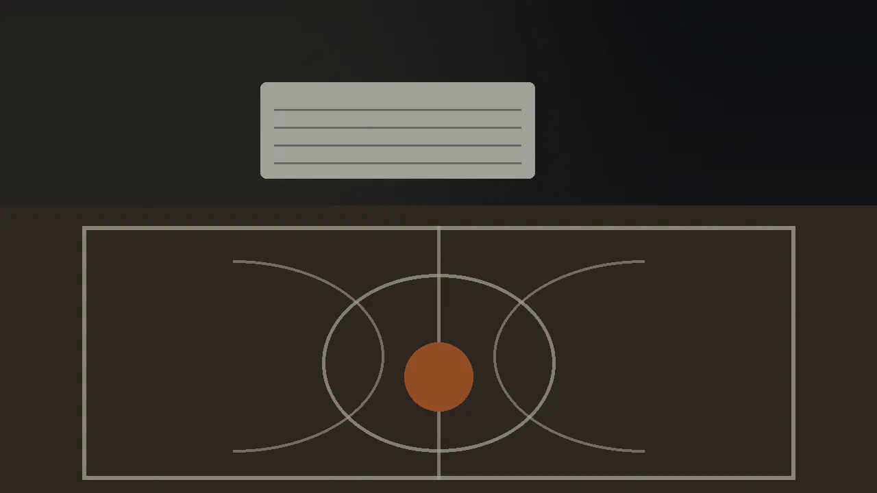 An editorial illustration seen from above of a dark basketball court: white boundary and centre-circle lines on a deep hardwood floor, and a pale clipboard with blank ruled lines on the sideline. No people, text, numbers or logos.