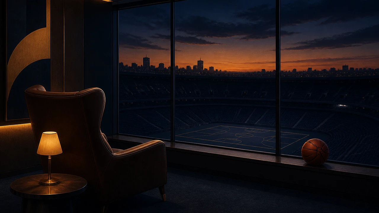 An editorial illustration of an empty executive suite at dusk: a leather chair faces a wide window over a dark arena bowl, a brass lamp glows on a small table, and a basketball sits on the windowsill. No people, text or logos.