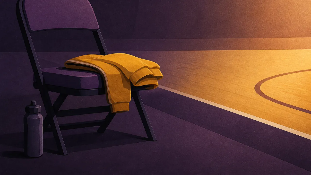 A flat drawn folding chair on a court sideline with a folded gold warm-up jacket on the seat and a water bottle on the floor beside it, the lit edge of the floor behind, in purple and gold tones, no lettering or logos.