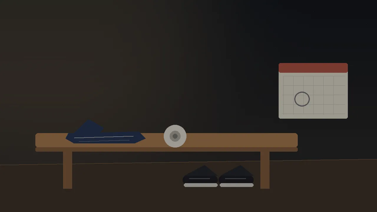 An editorial illustration of an empty locker-room bay: a folded navy jersey on a wooden bench, a roll of white tape, black sneakers and a wall calendar with one blank square circled in pencil. No people, text or logos.