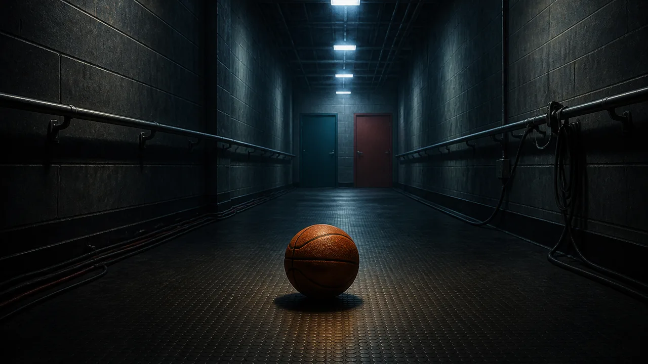 A dim arena tunnel with a basketball abandoned on the rubber floor halfway down and cold overhead lights fading toward two locker-room doors.