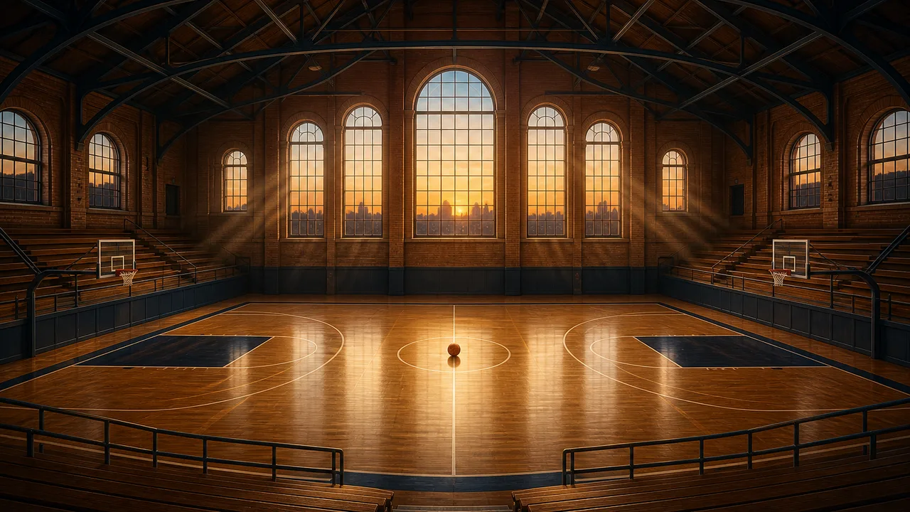 A historic brick fieldhouse interior seen from the upper deck, with empty wooden bleachers, a polished court, one ball at centre court and arched windows in evening light.