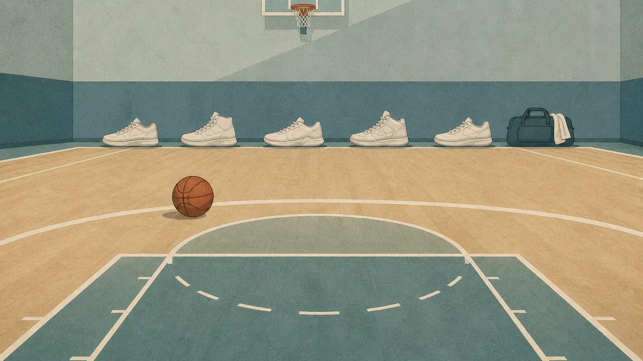 A flat drawn indoor court from behind the free-throw circle: five plain white sneakers lined up under the baseline, a dark duffel bag with a towel at the end of the row, and a basketball on the arc below the hoop; no lettering, logos or people.