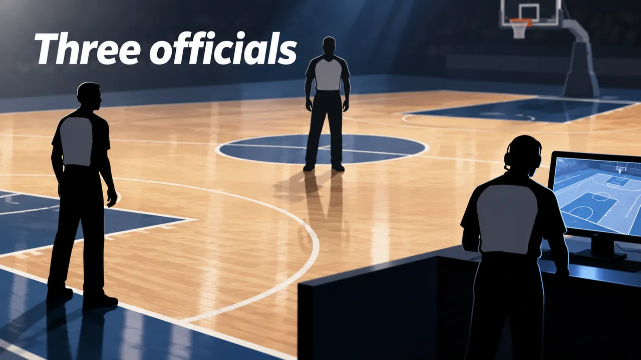 Conceptual basketball court with two referee silhouettes on the floor and a third figure at a replay monitor; visible headline “Three officials,” with no team logos or readable replay interface.