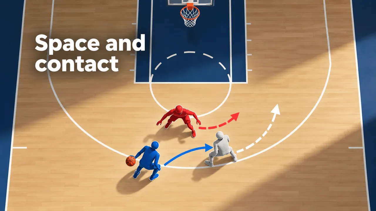 Top-down half-court diagram with a blue ballhandler, red defender and white screener/defender connected by movement arrows; visible headline “Space and contact,” without team marks or a score.