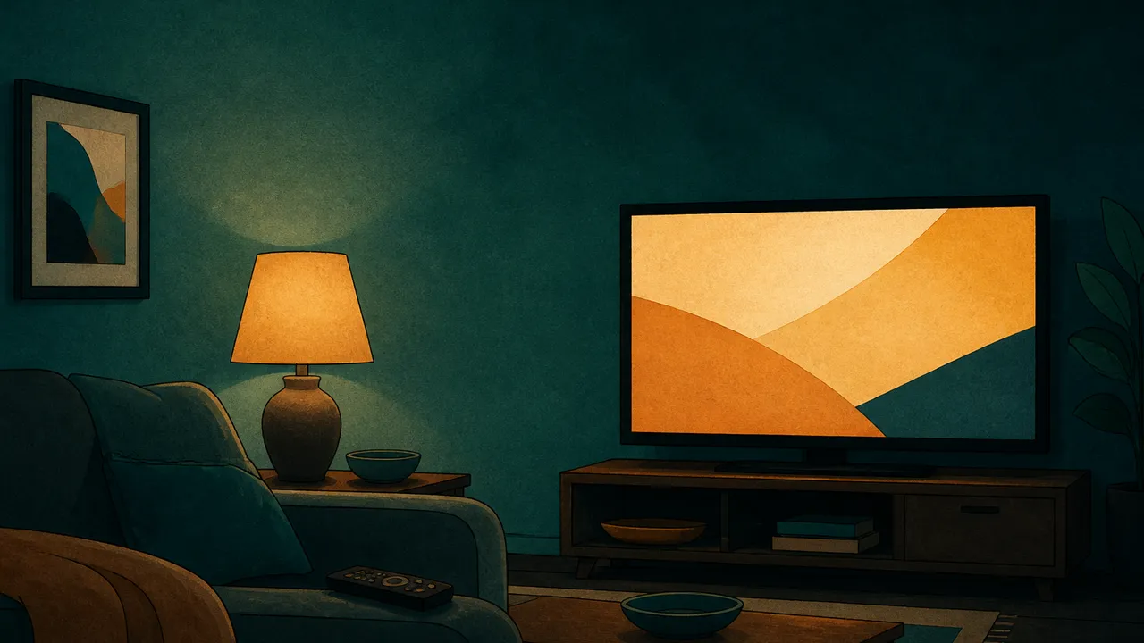 A flat drawn living room at night with a wide television screen showing only abstract blocks of light, a remote on the arm of a sofa and a lamp glowing beside it, in teal and amber tones with no lettering or logos.