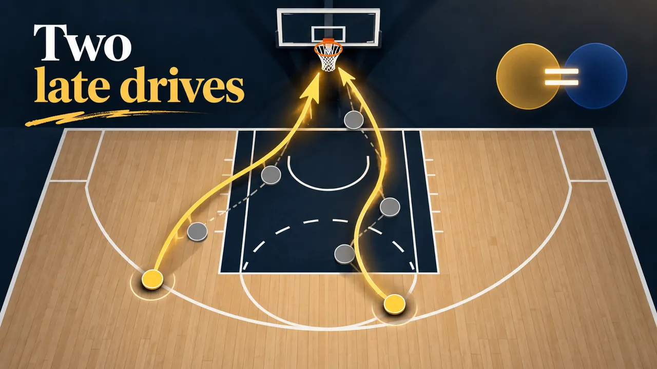 The headline ‘Two late drives’ appears above an abstract half-court, two yellow driving paths toward the rim and a yellow-blue equals marker showing a tie; no player or final score appears.