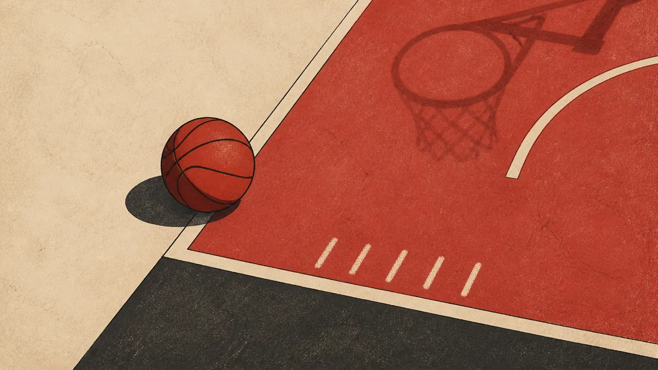 A flat drawn basketball scoreboard-free court corner with a basketball resting on the lane line and five small chalk marks in a row along the baseline, in red and cream tones, with no lettering or logos.