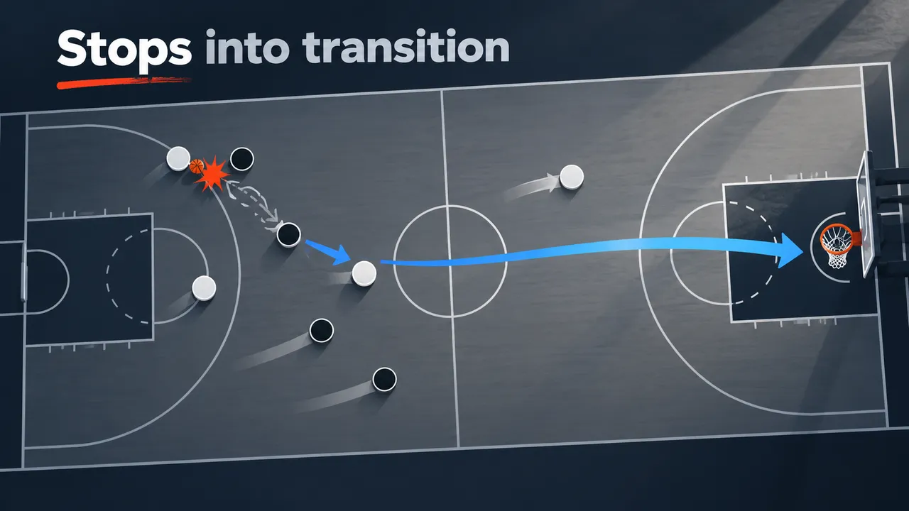 The readable headline “Stops into transition” sits above a neutral half-court diagram: a deflection leads to a blue path toward the far basket, with no team marks or score.