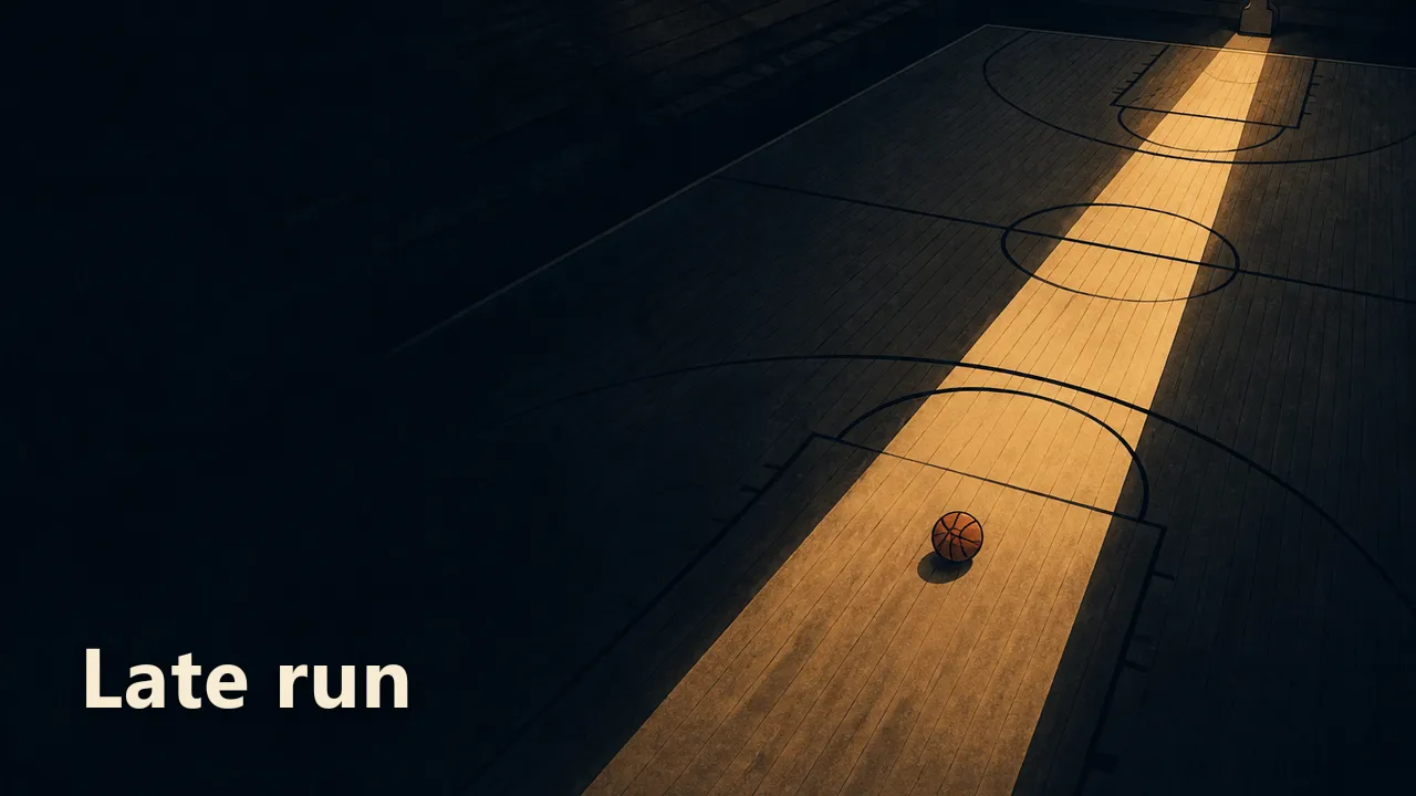 A dark basketball court from a high angle, with one long diagonal band of light running between the two baskets and a single ball resting on the lit lane near the foreground key. The words "Late run" are set in a clean serif overlay at the lower left.