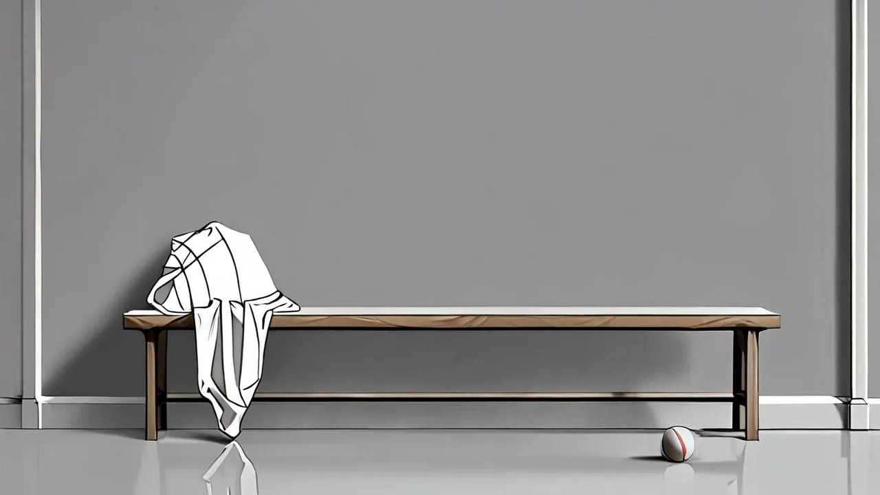 An editorial illustration of a plain wooden bench in a quiet grey room: a neatly folded white towel draped over one end and a small ball resting on the floor beneath. No people, text or logos.