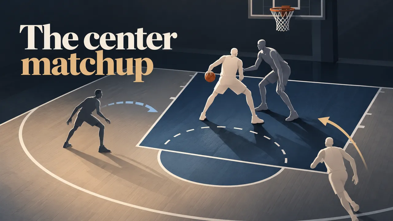 Four generic basketball silhouettes illustrate a center post-up and approaching help, with curved arrows and the words The center matchup above the court; no player likeness or score appears.