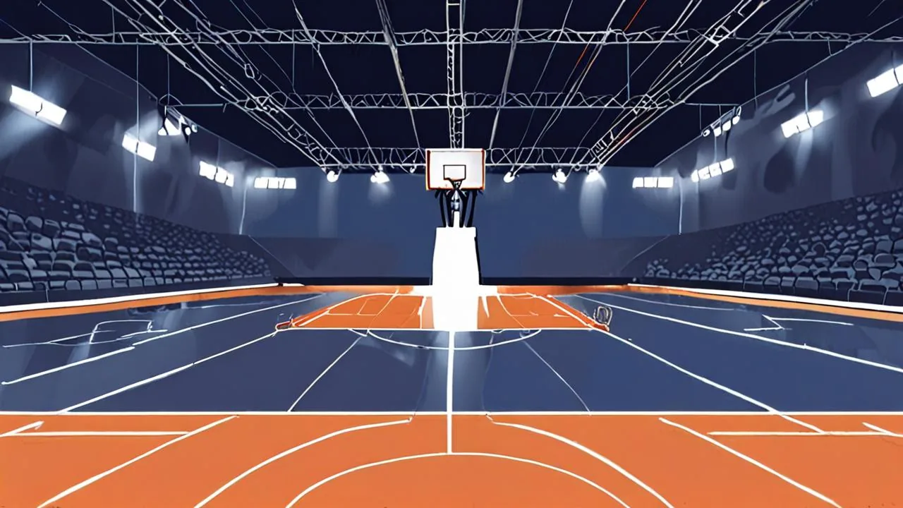 An editorial illustration of an empty basketball arena at night: a spotlit hoop above an orange and deep-blue painted court, rows of dark empty seats and overhead light rigs. No players, text or logos.