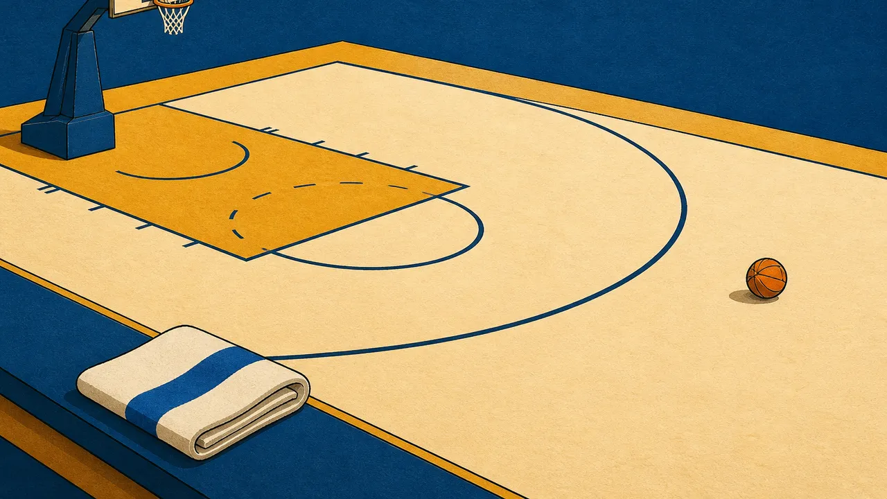 A flat drawn half-court diagram with a long curved three-point arc and a small ball marker far beyond it, plus a single bench towel on the sideline, in blue and gold tones, no lettering or logos.