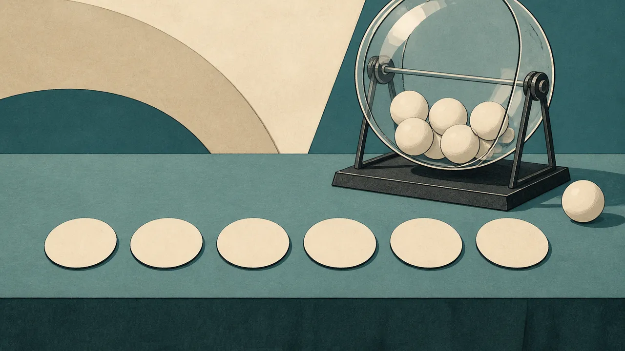 A flat drawn set of six paper chips arranged in a row beside a clear drawing drum and a small ball, in teal and cream tones, with no lettering or logos.