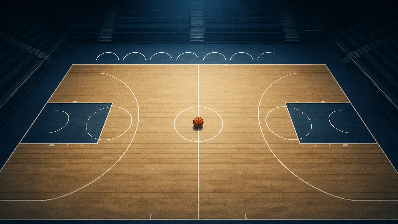 An overhead editorial illustration of an empty basketball court at night: a single ball rests on the center circle, one cold beam of light falls across the floorboards, and a row of pale chalk arcs is drawn on the dark baseline behind it. No players, text or logos.