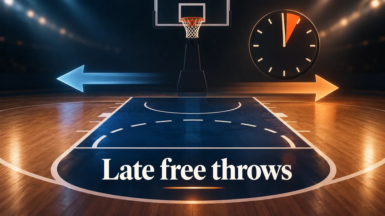 Conceptual basketball court, free-throw lane, two opposing arrows and a late-game clock, with the visible headline “Late free throws”; no players, team marks or score.