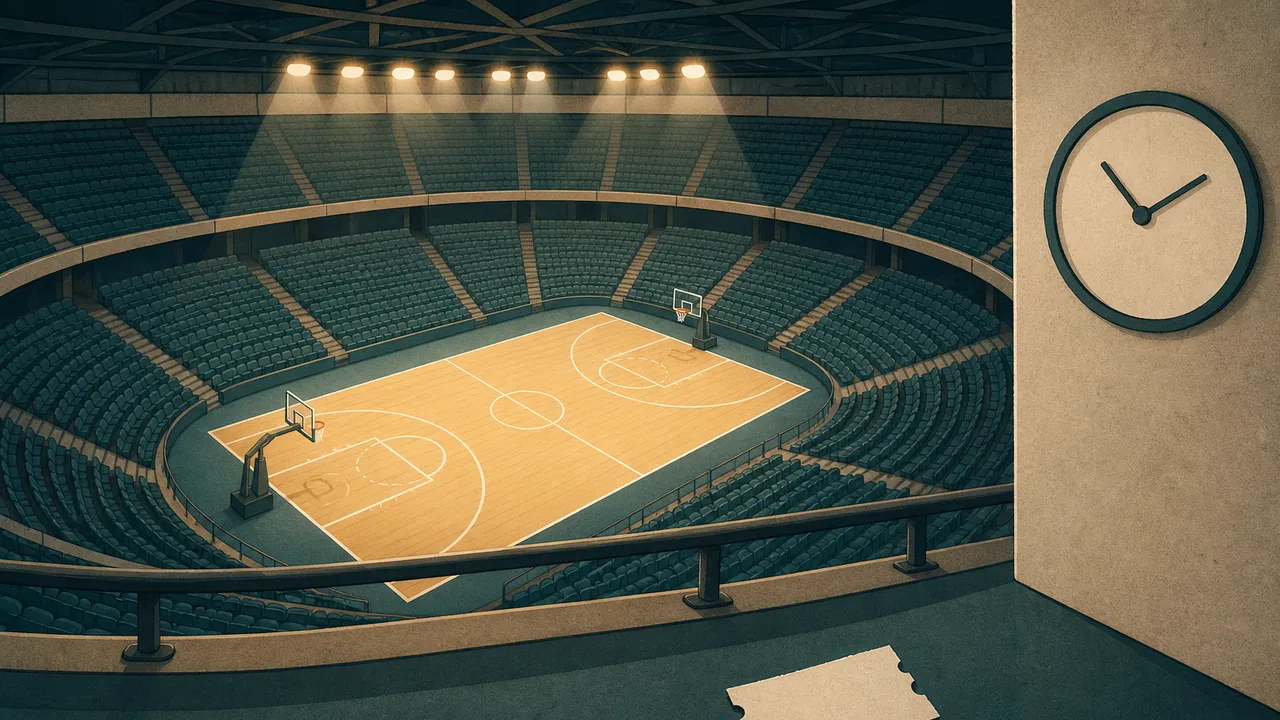 A flat drawn arena seen from an upper corner: rows of empty teal seats around a lit court, a torn ticket stub lying on the foreground floor, and a wall clock with hands but no numerals on the right.