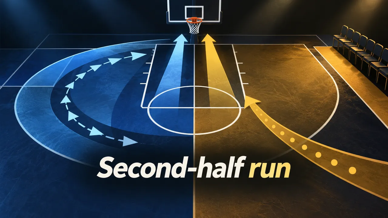 Conceptual split-court diagram for a Second-half run: a defensive pressure arc leads into one scoring lane beside a separate bench-side lane; no players, team marks or score.